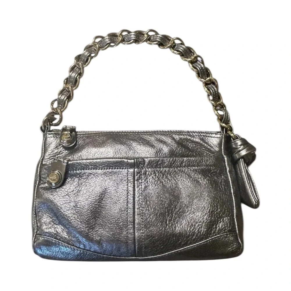 B. Makowsky Metallic Silver Leather/
Chunky Gold Chain/Y2K Glam Baguette Purse - Picture 3 of 10